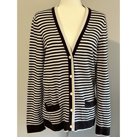 LAND’S END Brown/White Striped Knit Cardigan Button Up with Pockets Women’s L - Picture 1 of 8
